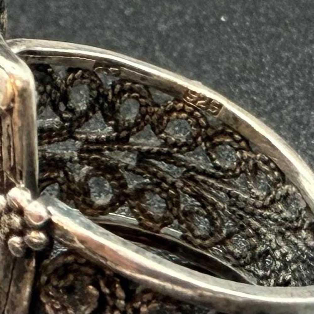Sterling Silver Filigree Statement Ring Black Cabochon Cannetille Size 9 - Picture 9 of 9